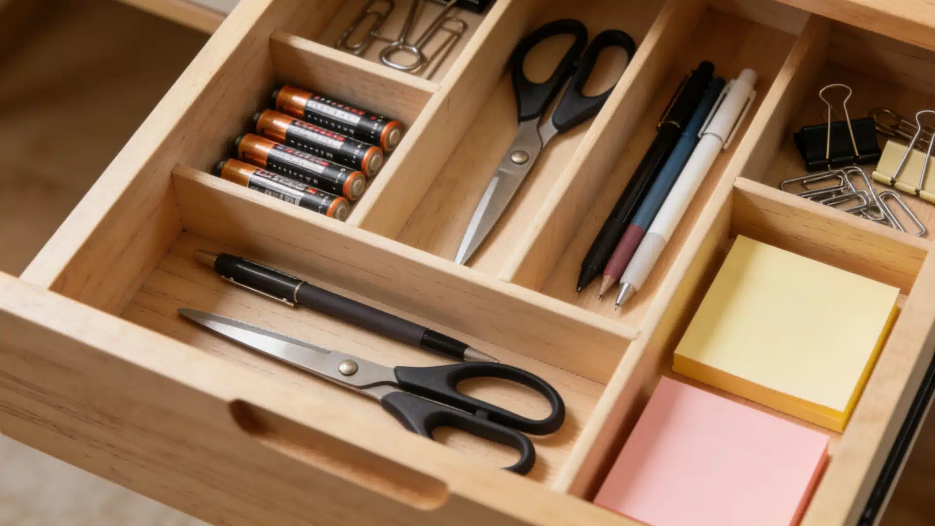 A wooden desk drawer organizer compartment holding batteries, scissors, pens, binder clips, and stacks of pink and yellow sticky notes.