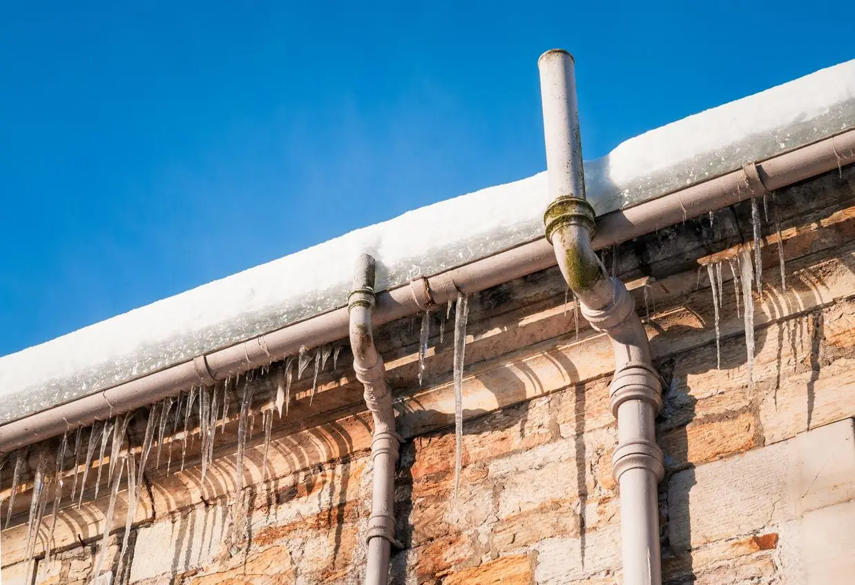 Icicles hanging from snow-covered roof gutter against clear blue sky