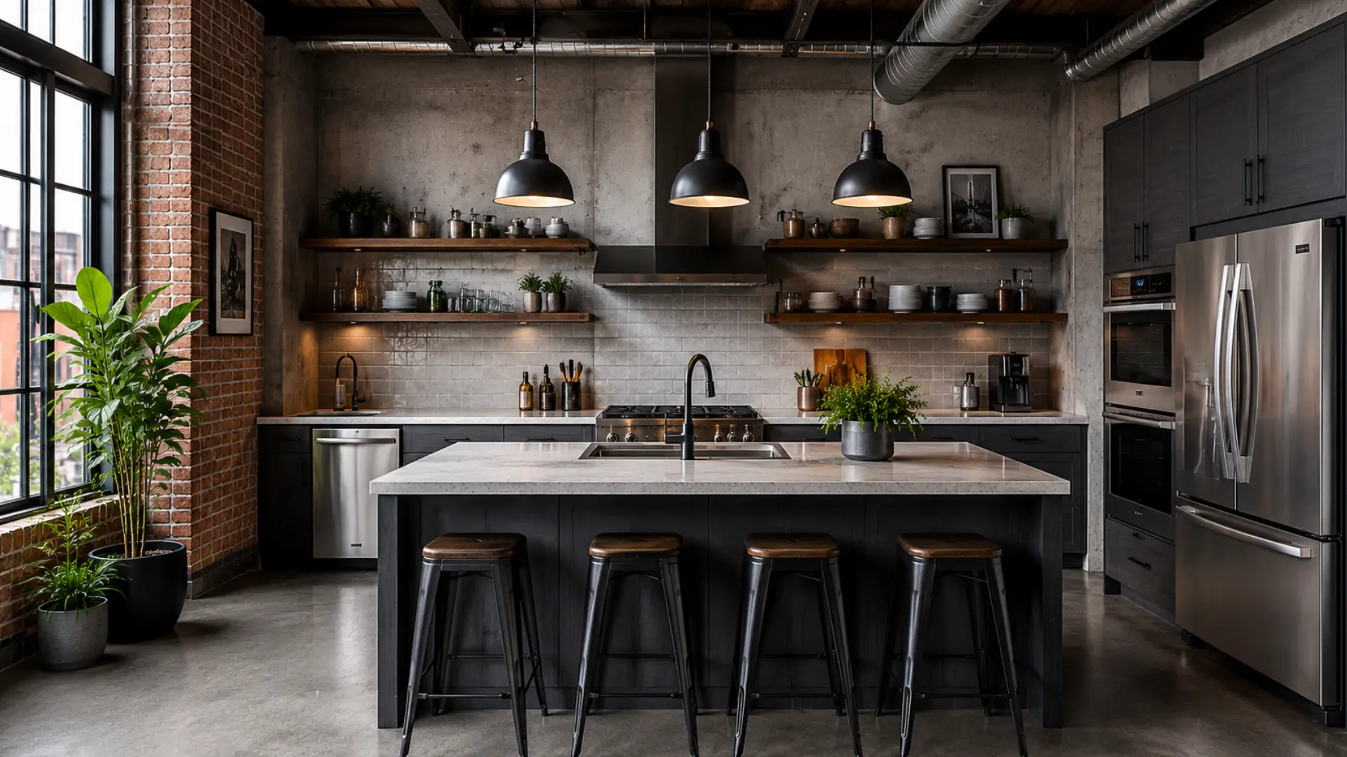 industrial loft kitchen with charcoal cabinets concrete backsplash open shelving and black pendant lights