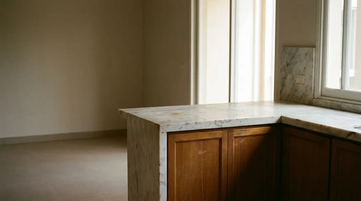 Marble countertop with wooden cabinets in an empty kitchen under natural light