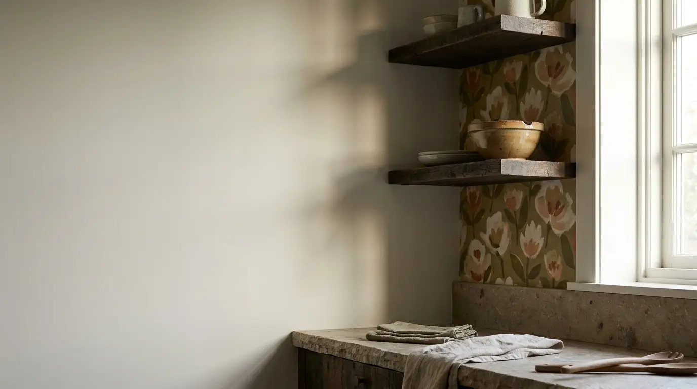 Rustic kitchen corner with wooden shelves, ceramic bowls, floral wallpaper, and soft natural lighting