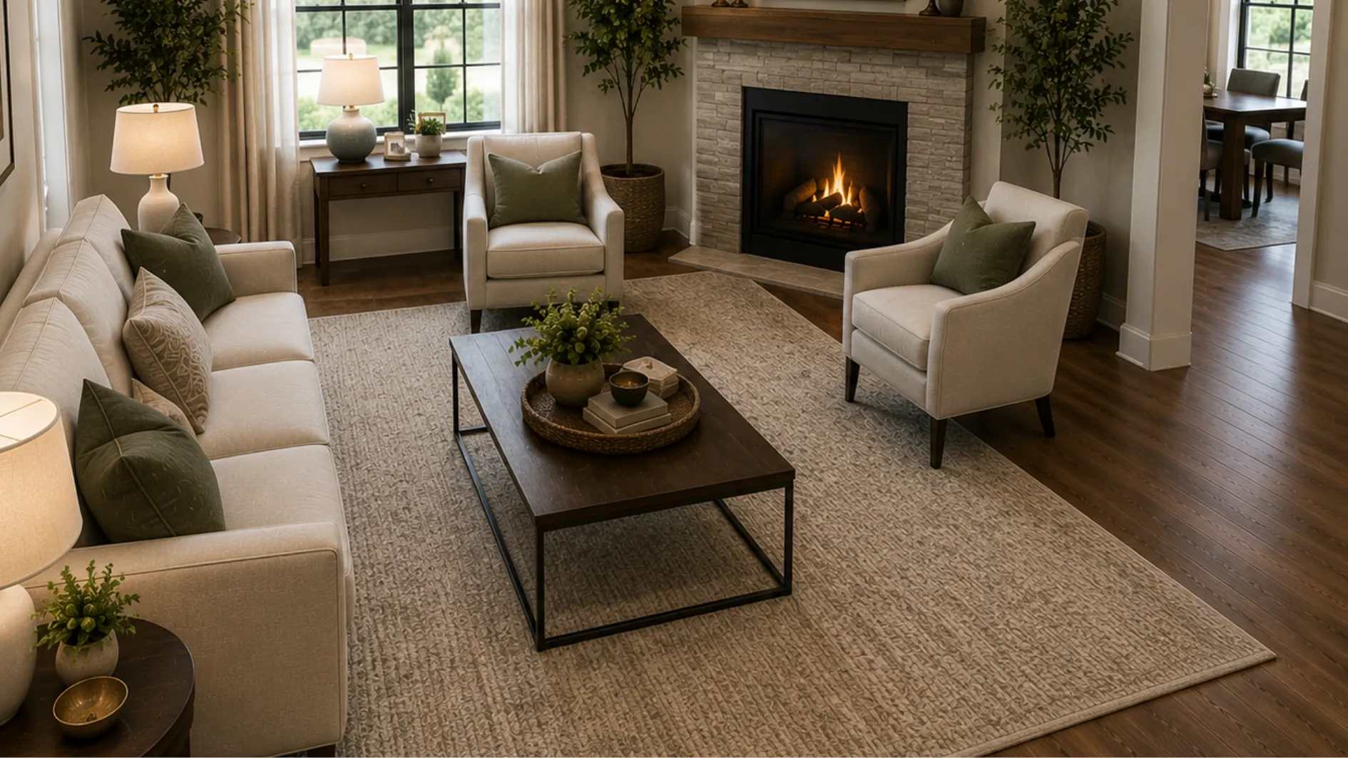 Elegant L-shaped living room with corner fireplace, sofa, armchairs, matching lamps, and cozy décor