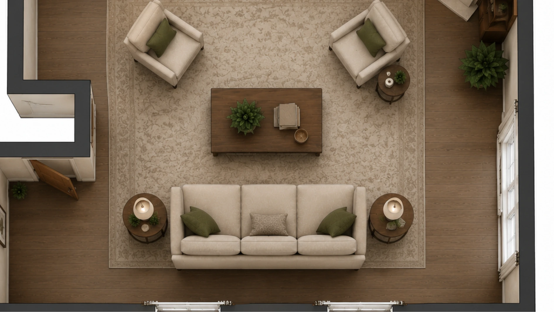 Top view L-shaped living room layout with corner fireplace, sofa, angled chairs, and symmetrical décor