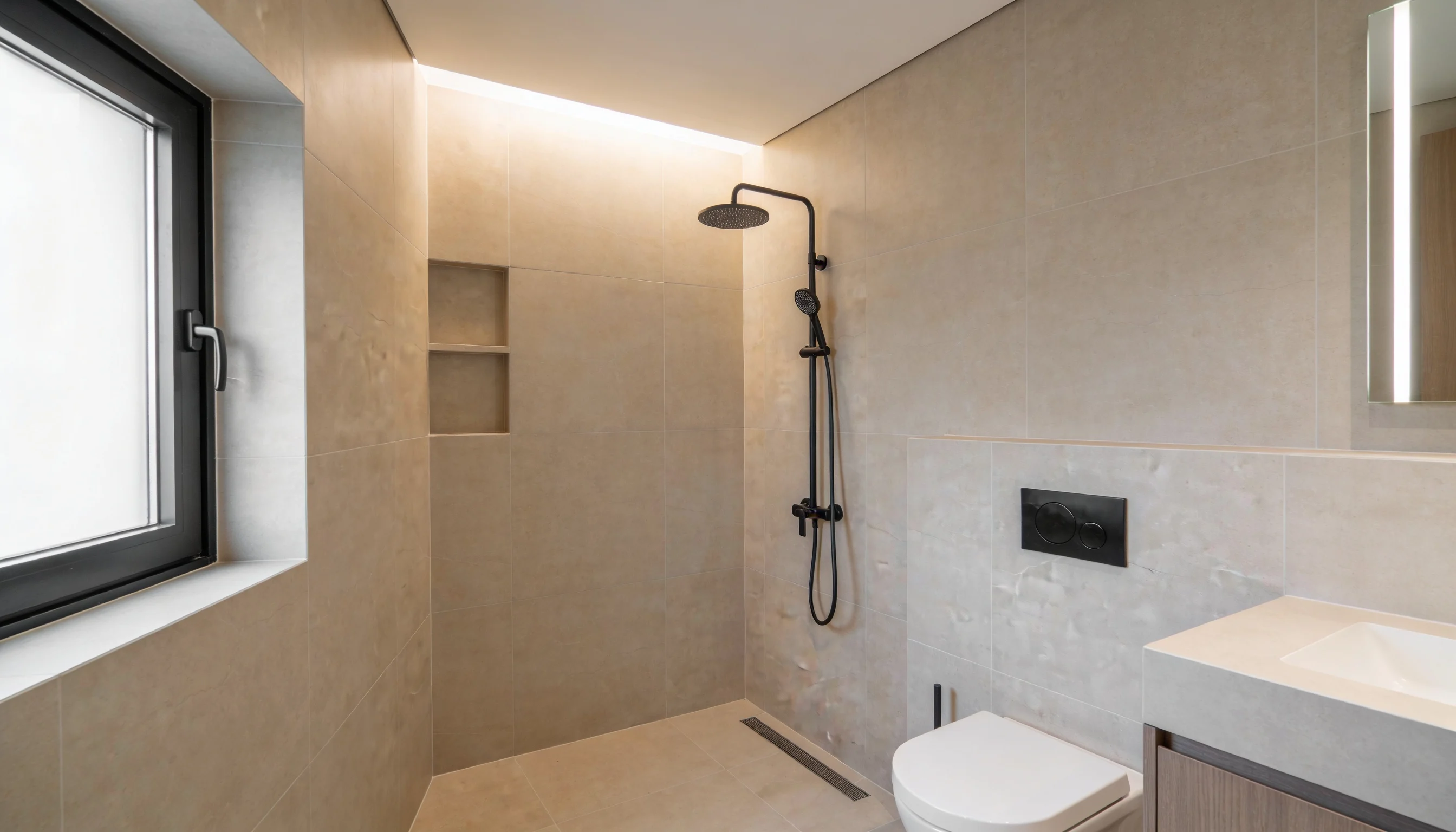 large format tiles in small bathroom walk in shower for seamless look