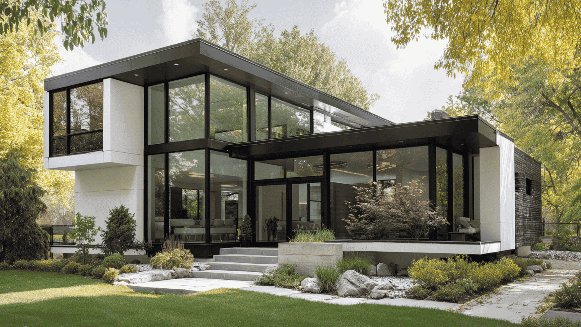 large picture windows with black trim on modern luxury home exterior