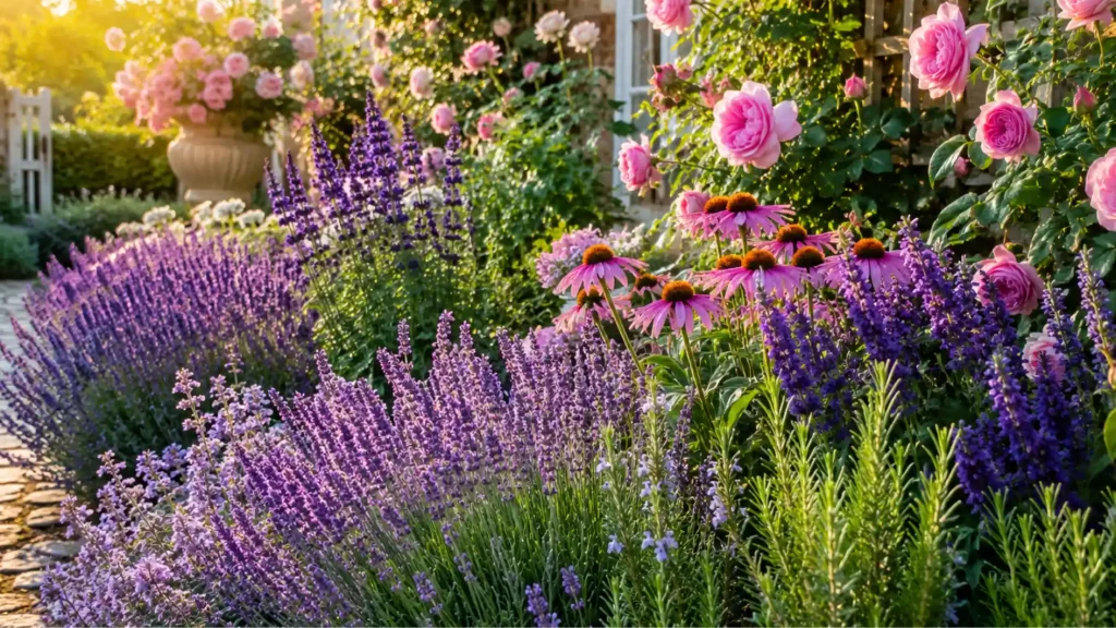 A vibrant cottage garden border overflows with purple lavender, pink coneflowers, and climbing roses bathed in warm, golden sunlight.