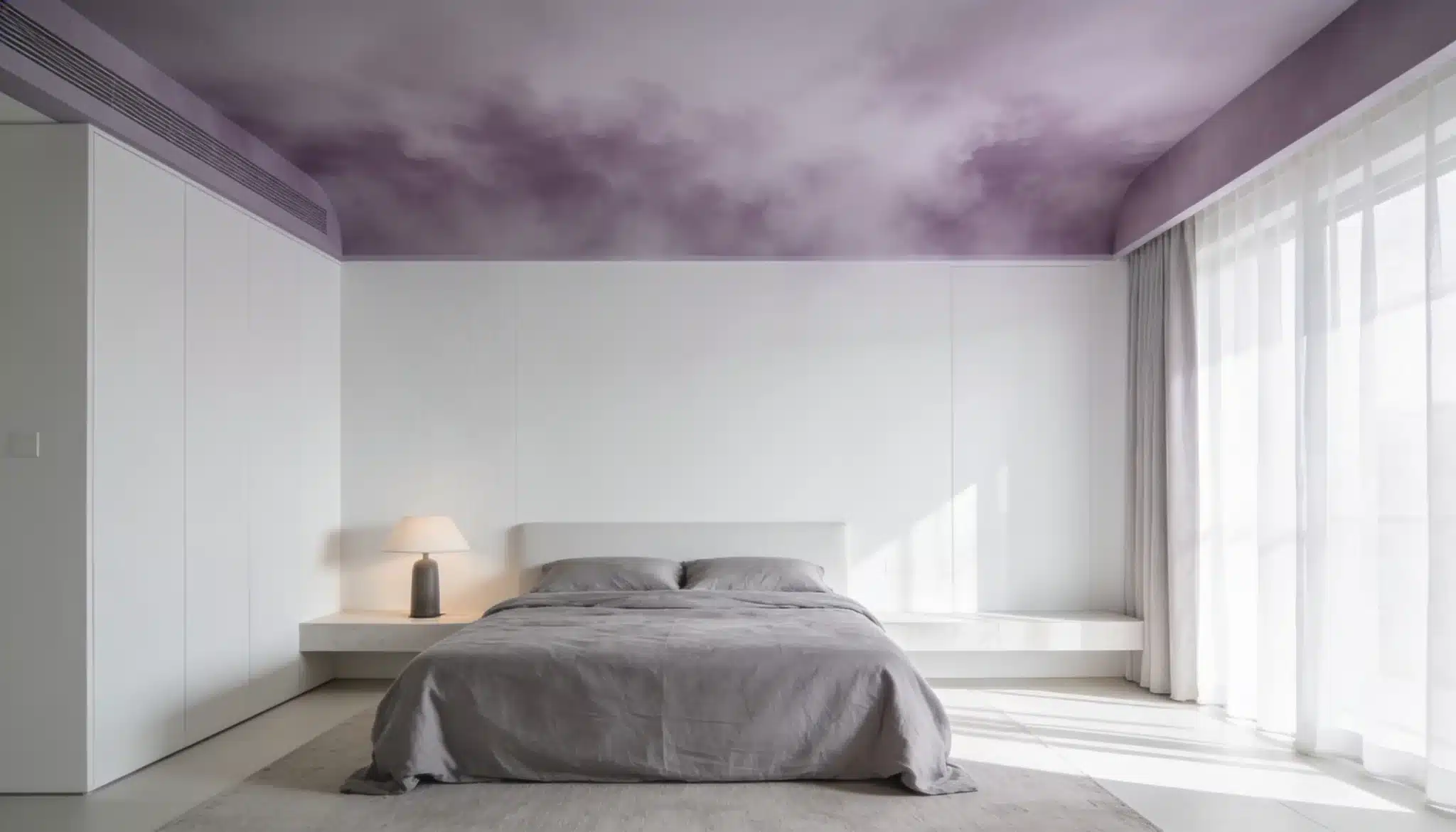 modern bedroom with lavender mist ceiling and soft neutral decor for a relaxing atmosphere