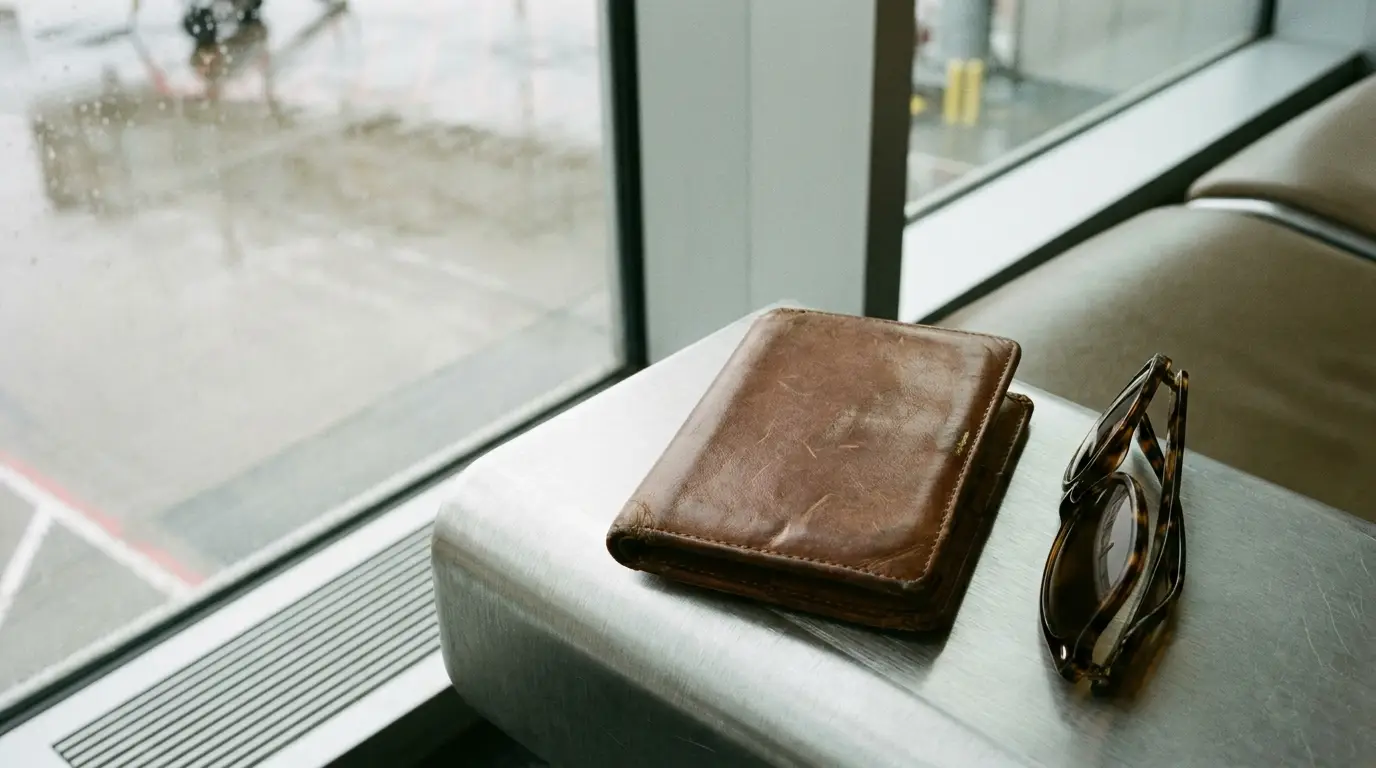 Brown leather wallet and tortoiseshell glasses on metal airport bench by large window