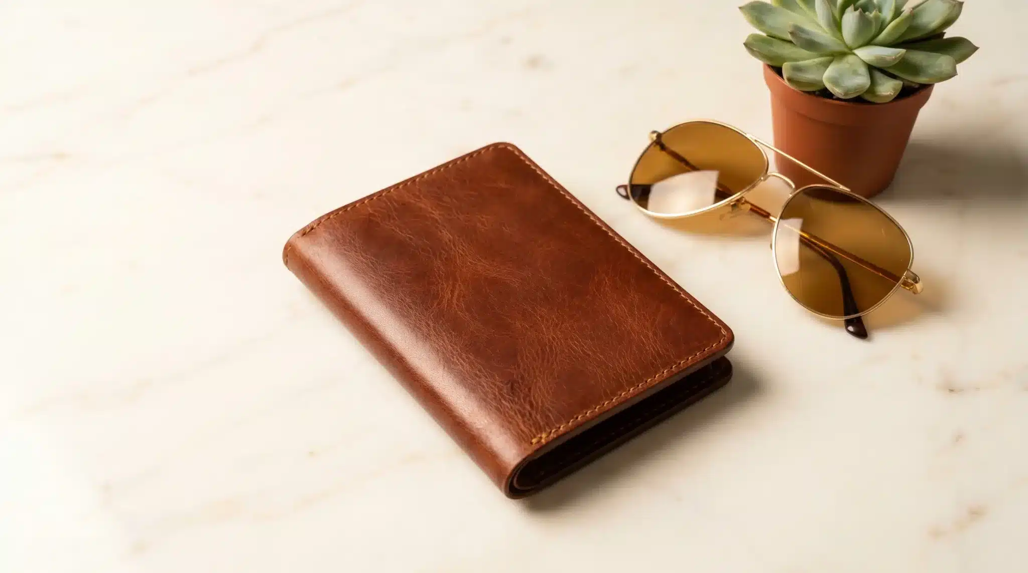 Leather wallet, aviator sunglasses, and potted succulent on marble surface in soft lighting