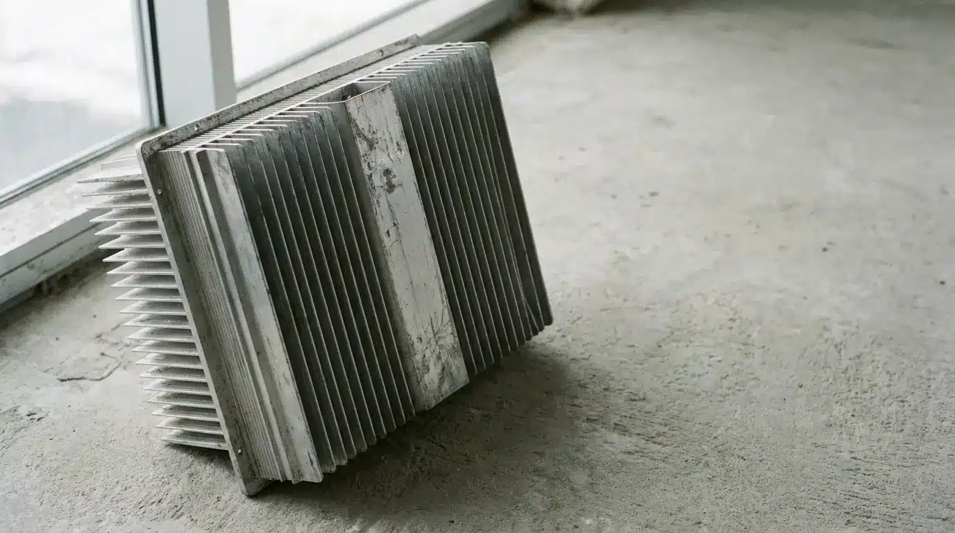 Metal heat sink with finned design on concrete floor near window in natural light