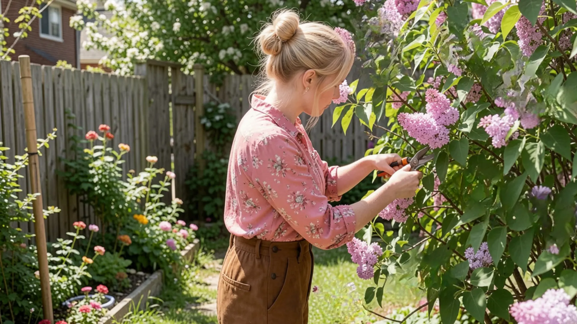 Blonde woman in a pink floral shirt pruning blooming purple lilacs in a sunny backyard garden