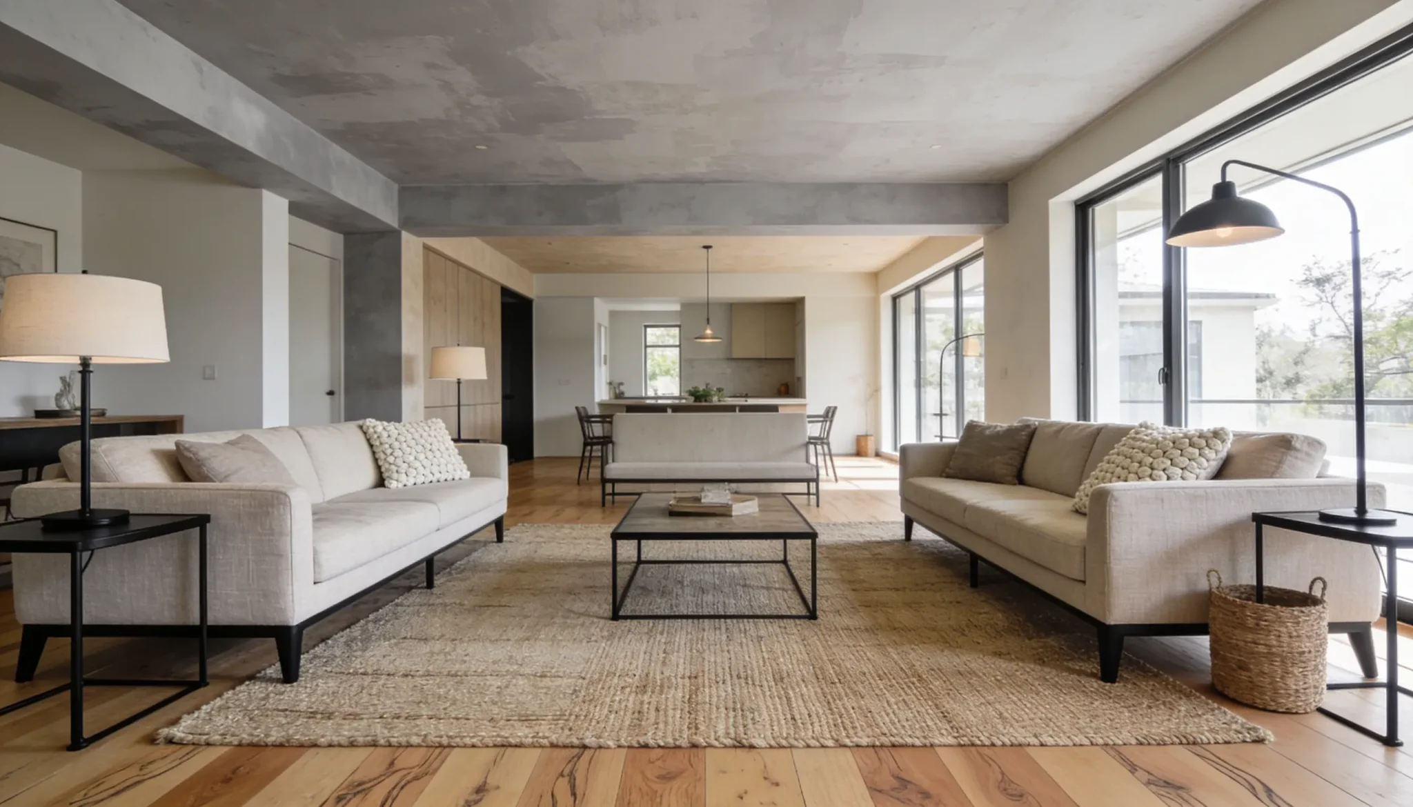 Modern open-plan living room featuring light beige sofas a jute rug a dark metal coffee table and exposed concrete ceiling beams overlooking a kitchen area