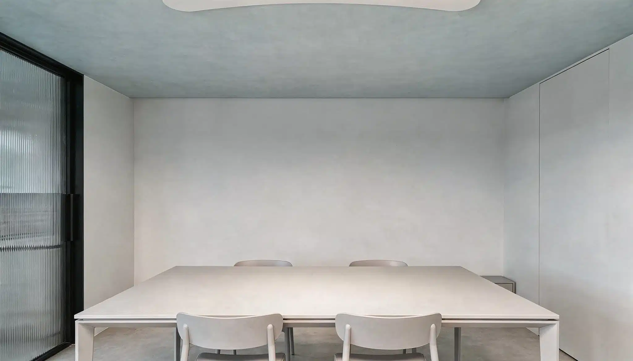Dining area with ceiling in light sky gray color