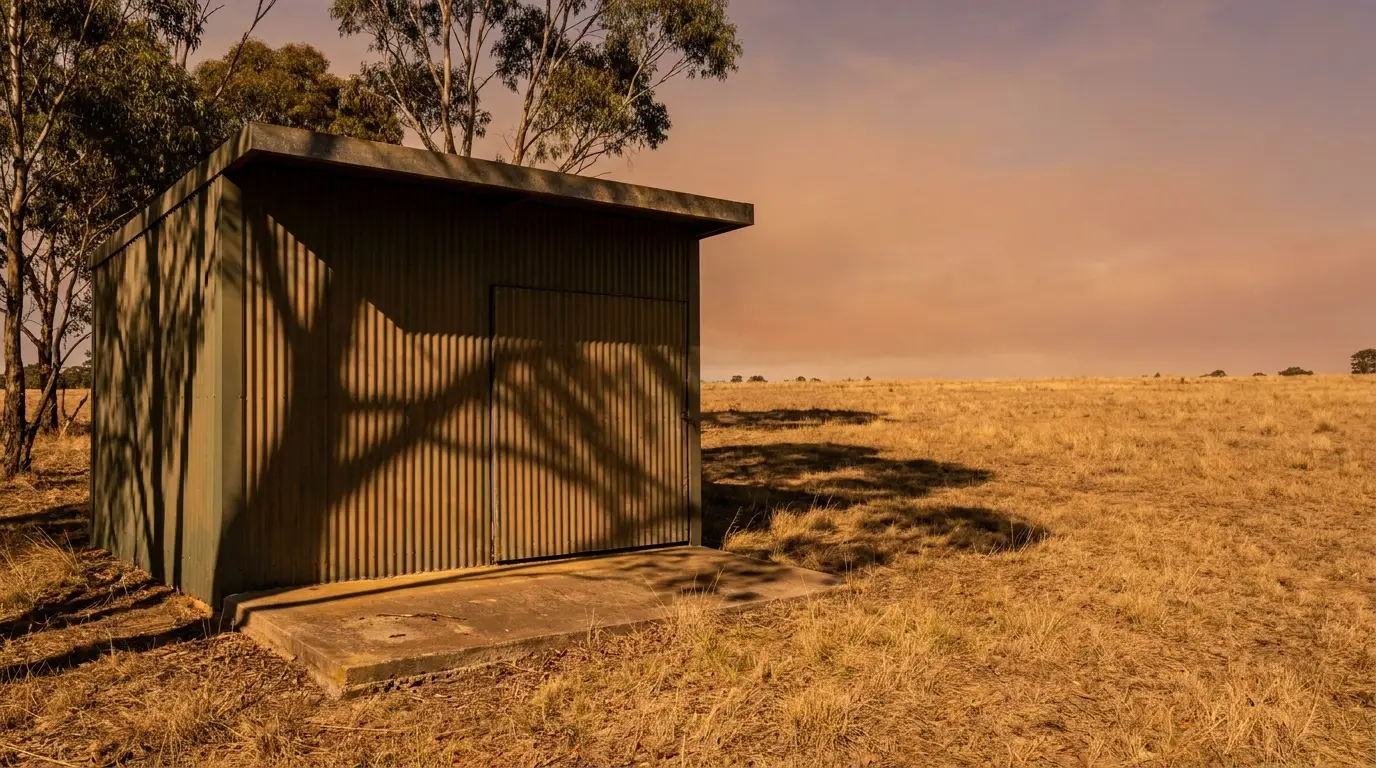 Metal shed in dry grassland under warm afternoon light with tree shadows on the wall