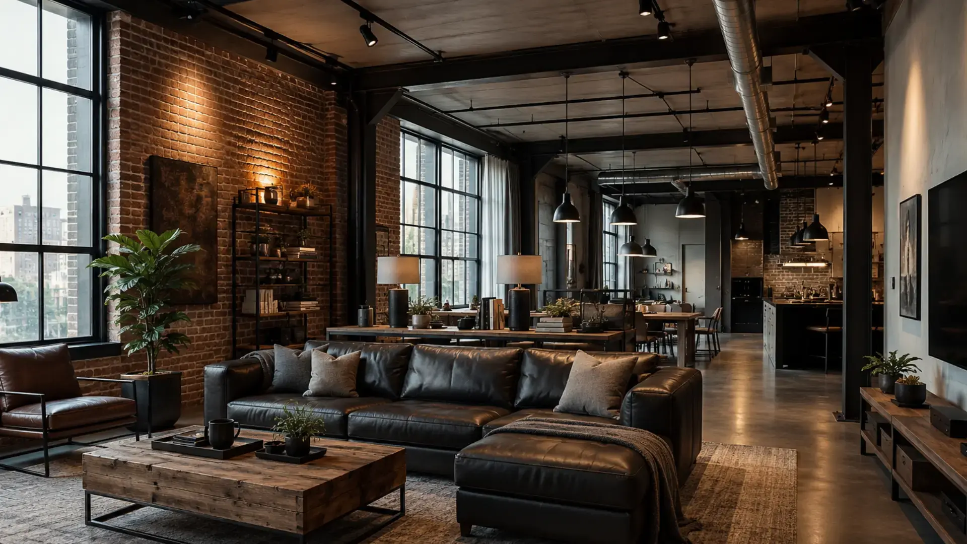 industrial loft living room with charcoal sofa reclaimed wood coffee table exposed brick wall and black metal shelves