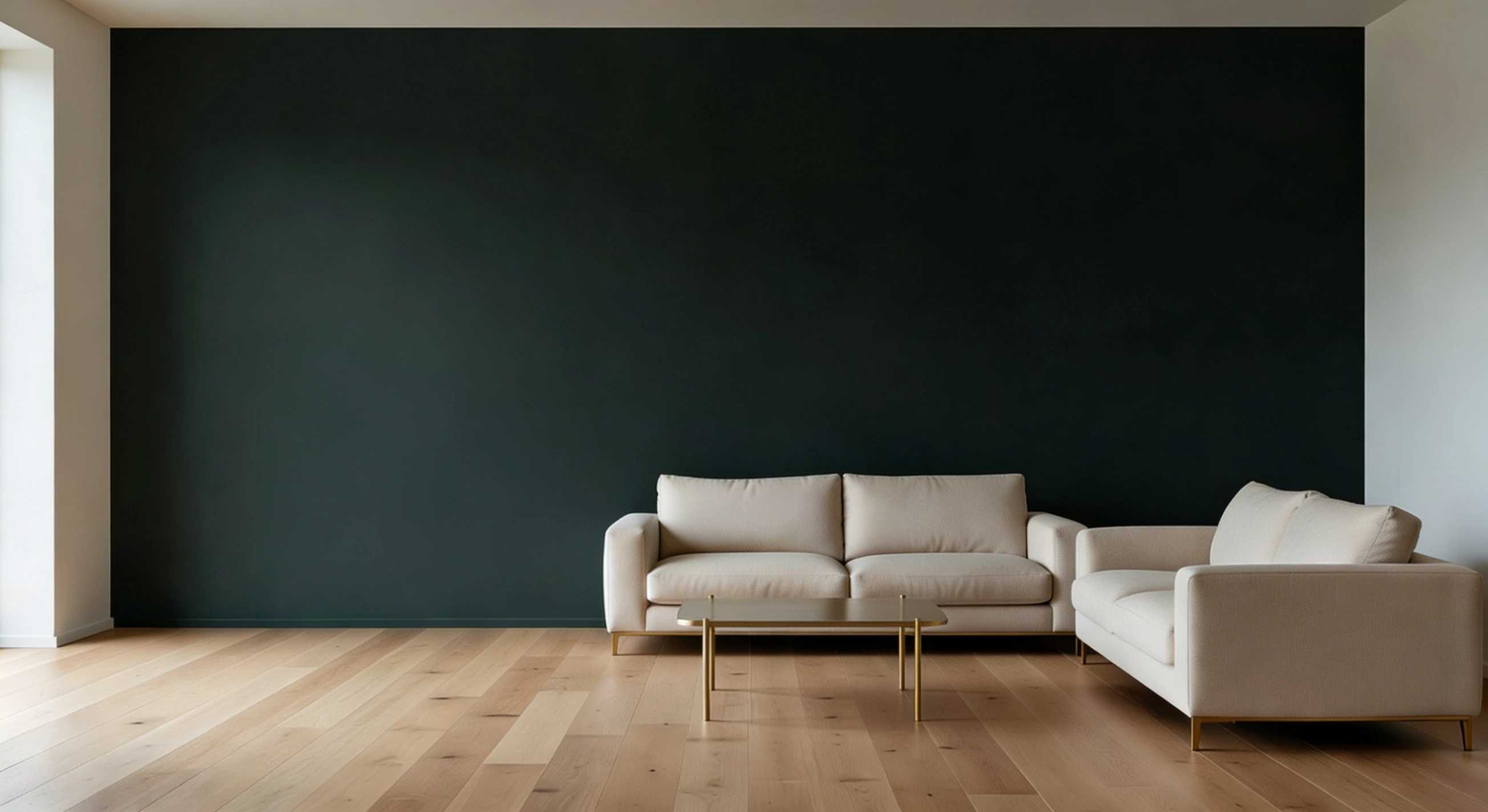 Minimal living room with SW 6994 beige sofa warm wood flooring and soft layered lighting