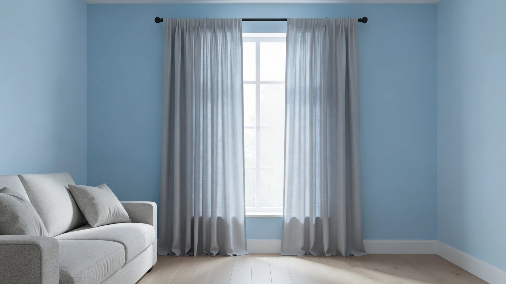 Minimalist living room featuring light blue walls, a partial view of a white sofa, and floor length gray curtains