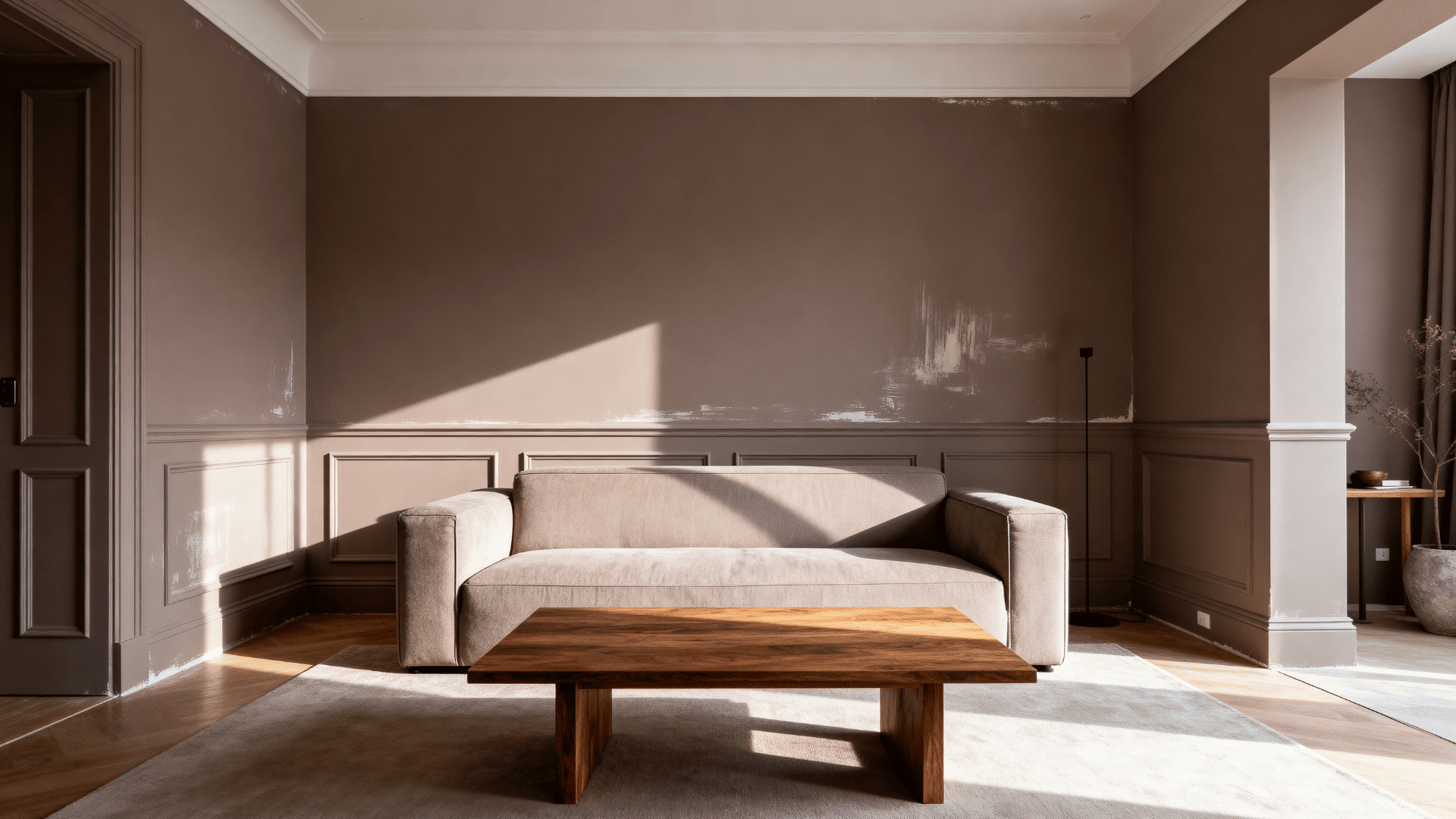 modern living room with taupe walls and trim in the same shade creating a calm and polished feel.