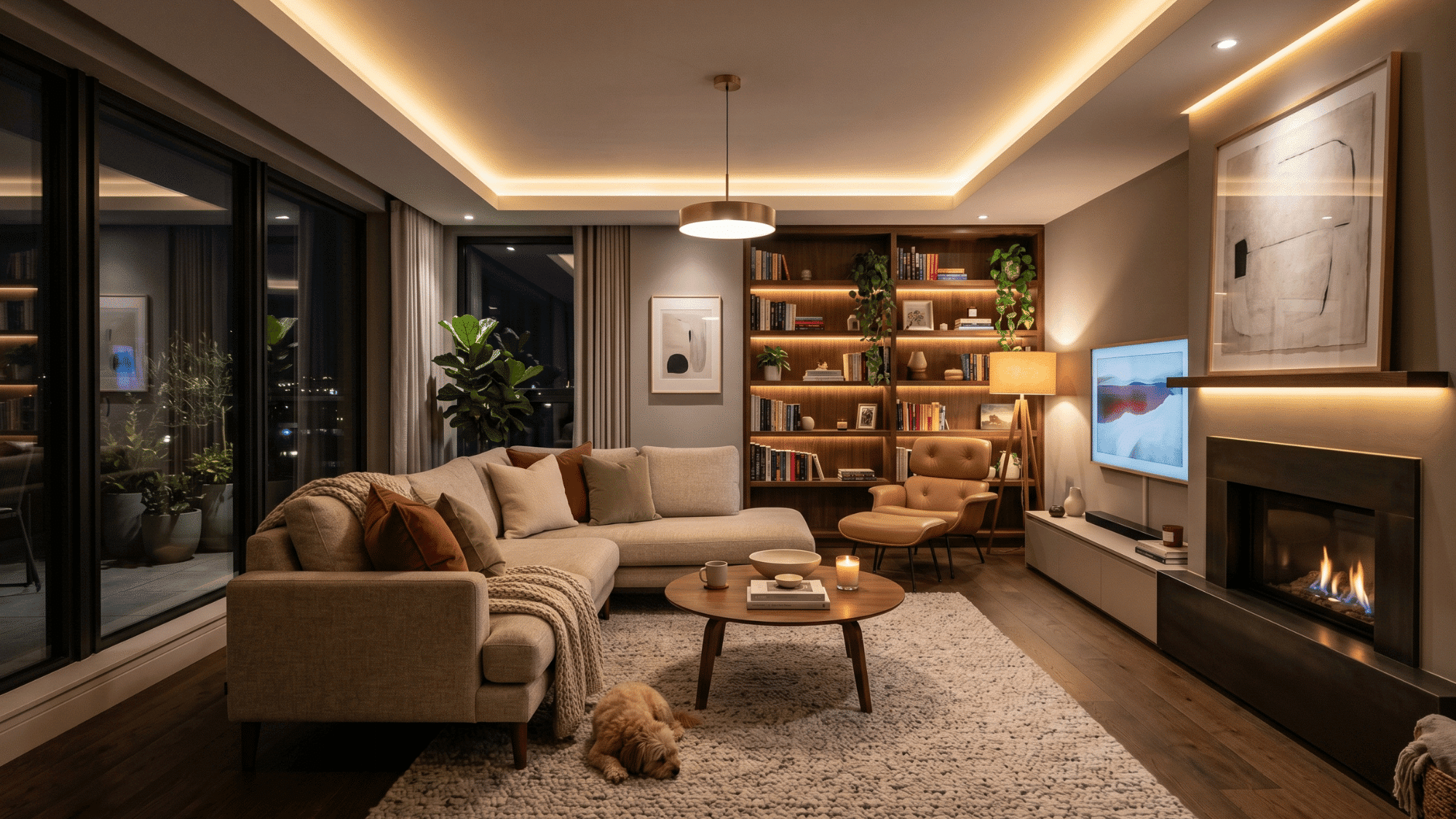 living room with soft ambient lighting, warm LED ceiling lights