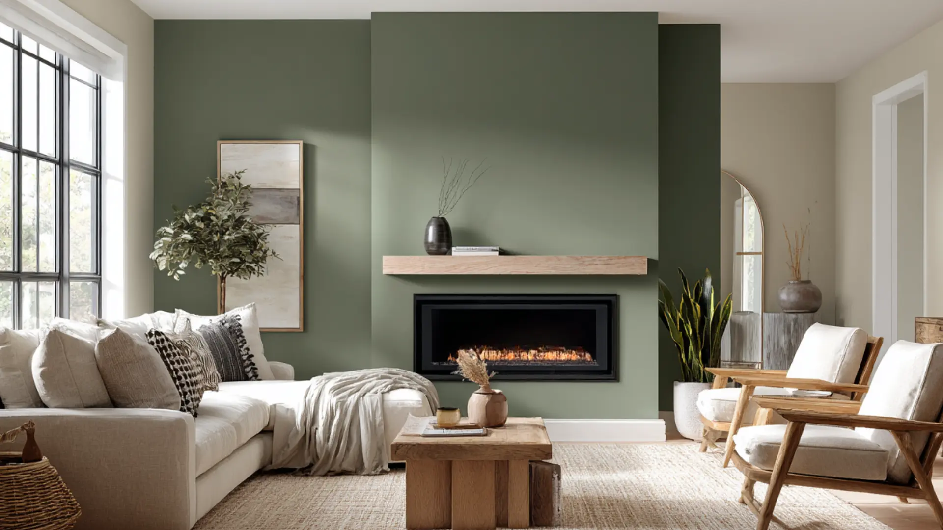 Modern living room with sage green accent wall fireplace light wood furniture cream sofa and natural woven rug decor