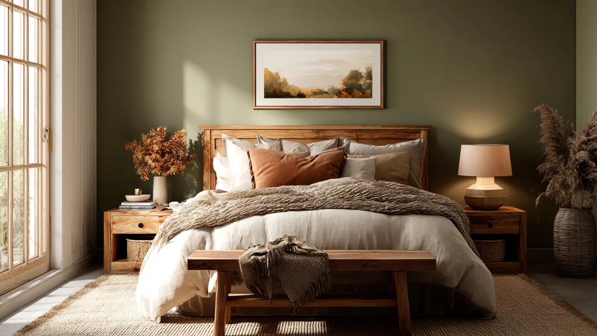 Rustic bedroom with olive walls wood bed frame neutral linens earth tone pillows art print and warm lamp light on rug