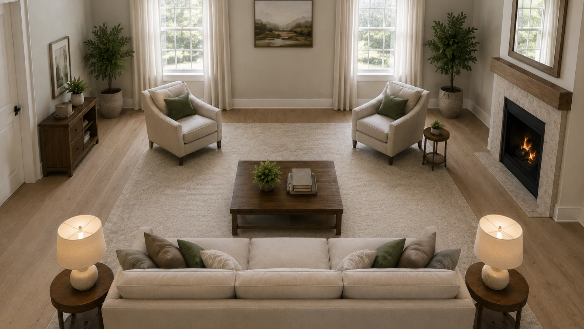 Long narrow living room with side fireplace, angled chairs, and cozy balanced layout