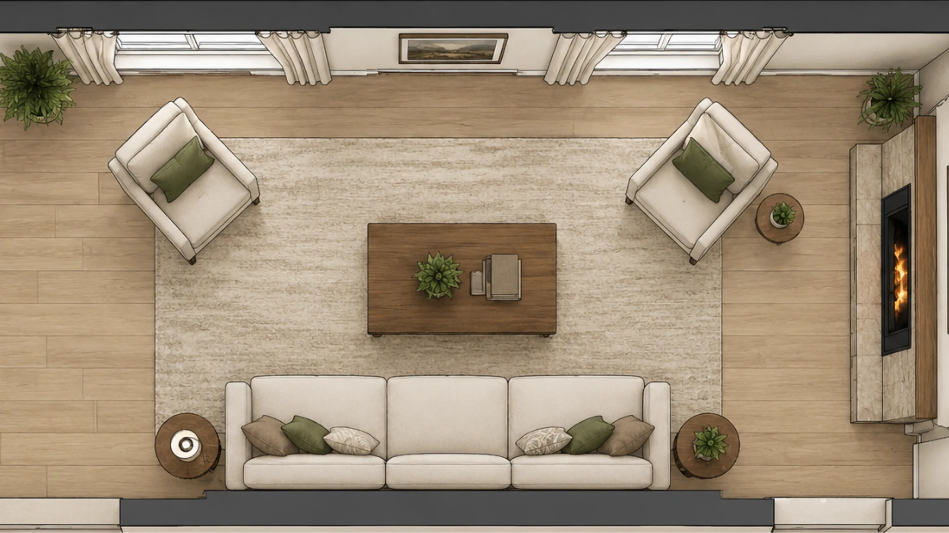 Long narrow living room with side fireplace, sofa placed along long wall, angled armchairs facing fireplace, centered coffee table, mirror above fireplace reflecting light, realistic interior photography, no text