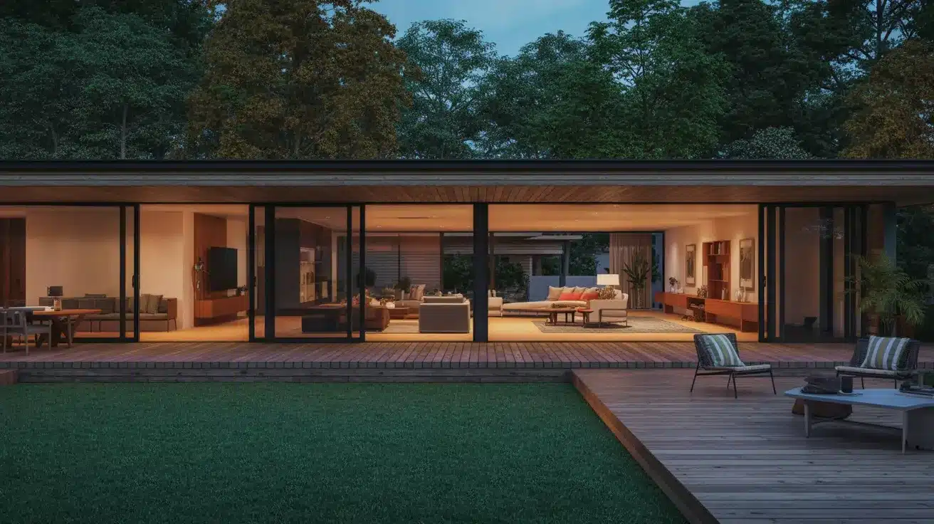 Modern single-story home with floor-to-ceiling glass walls, warm lighting, and open living spaces facing a lawn.