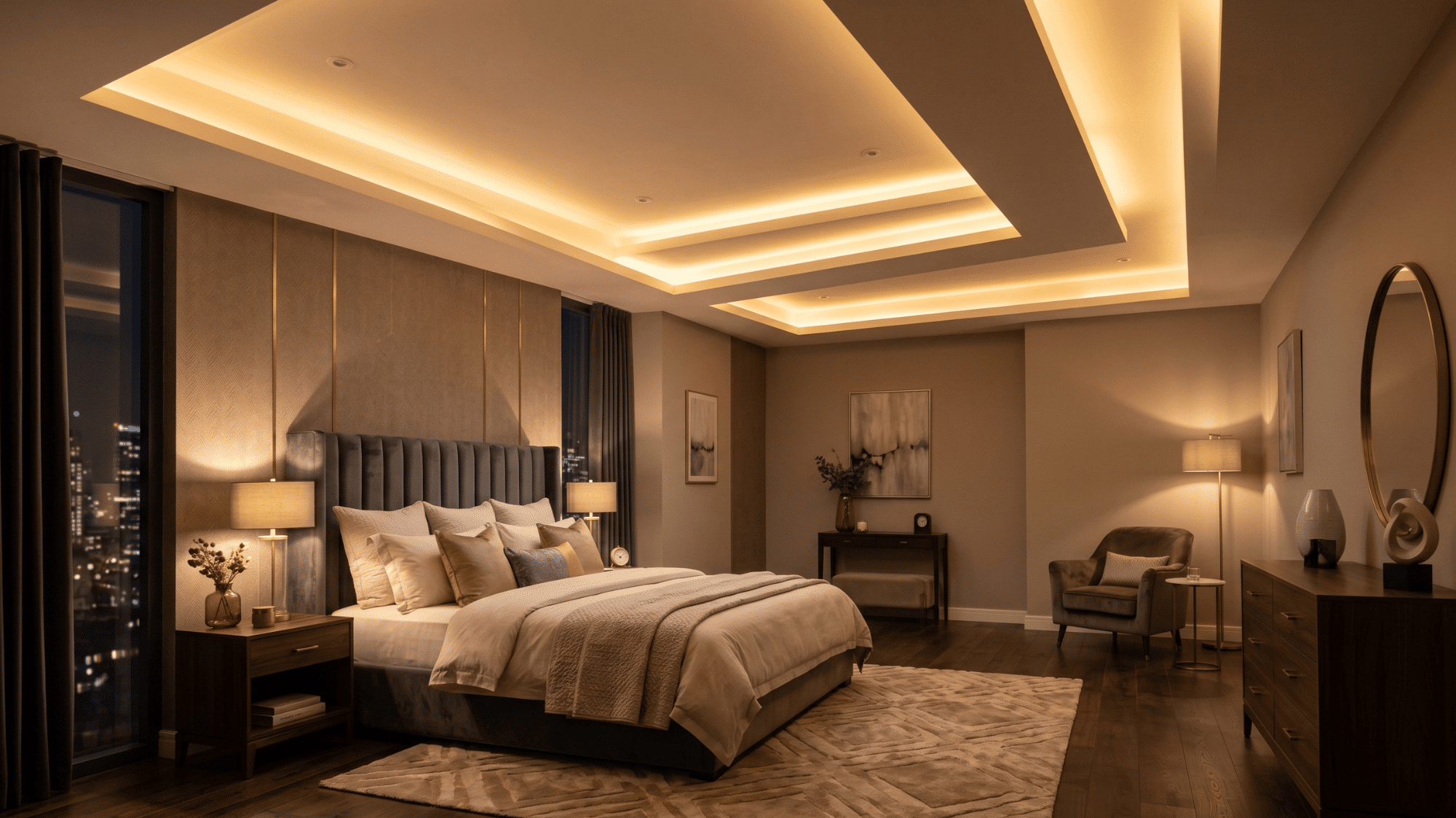 luxury bedroom with elegant cove lighting