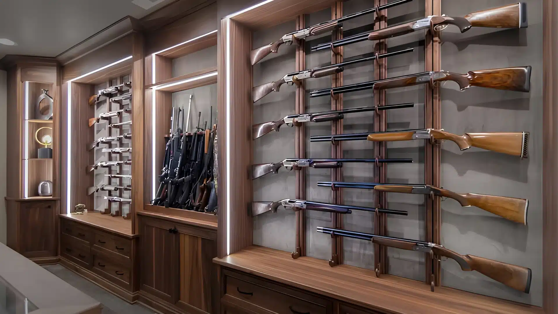 Luxurious custom wood gun cabinet displaying multiple shotguns and rifles on illuminated wall mounts