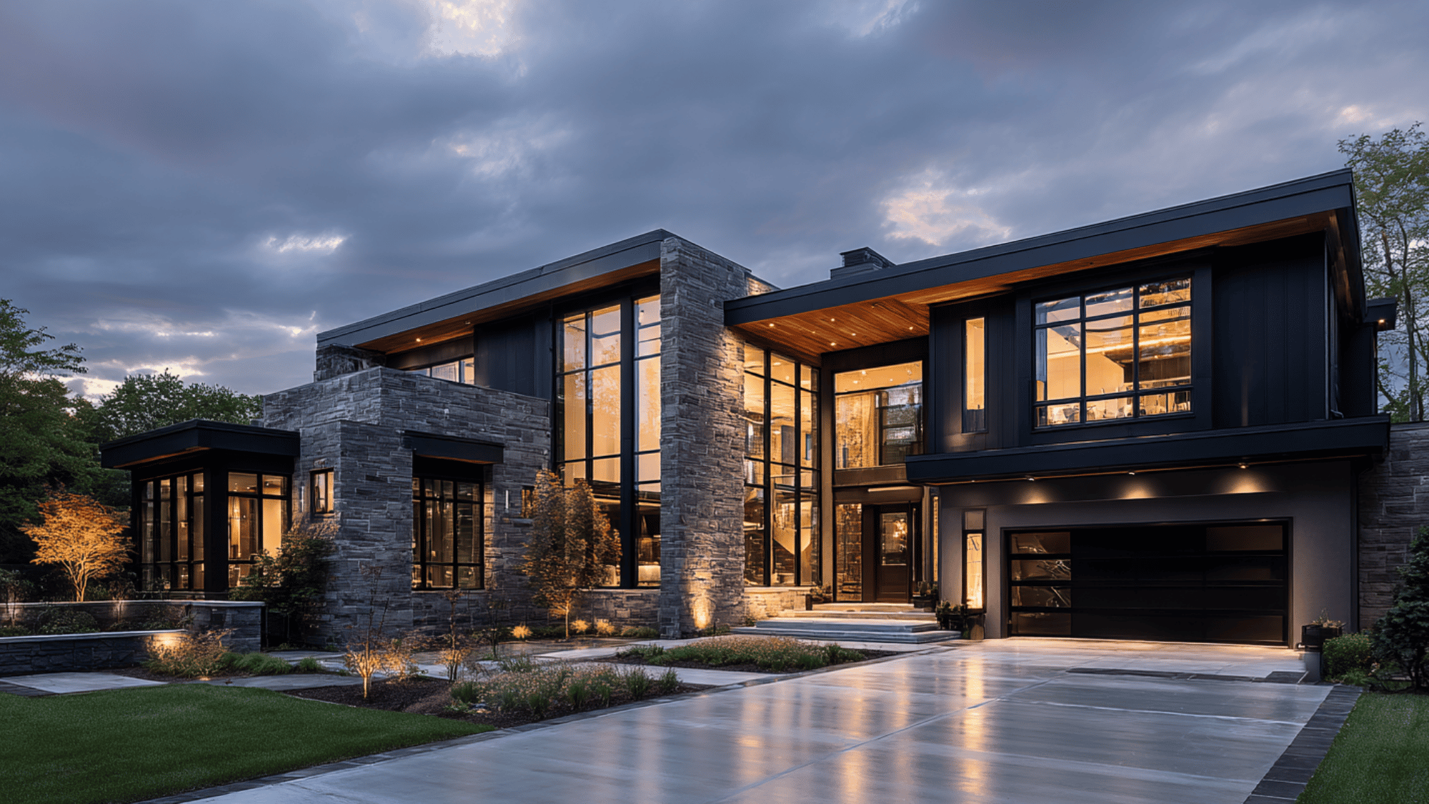 luxury mansion exterior with black trim and modern landscaping