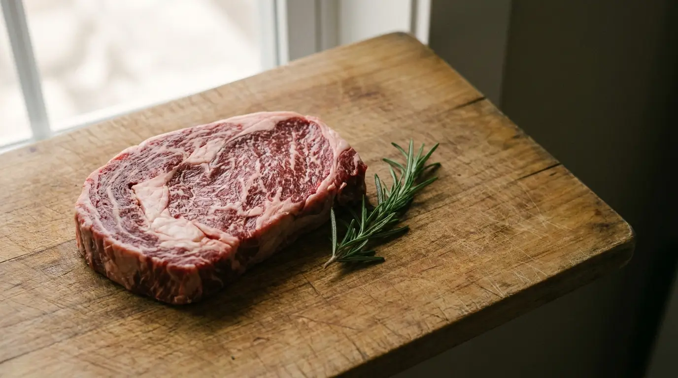 Raw marbled steak with sprig of rosemary on wooden cutting board in natural light