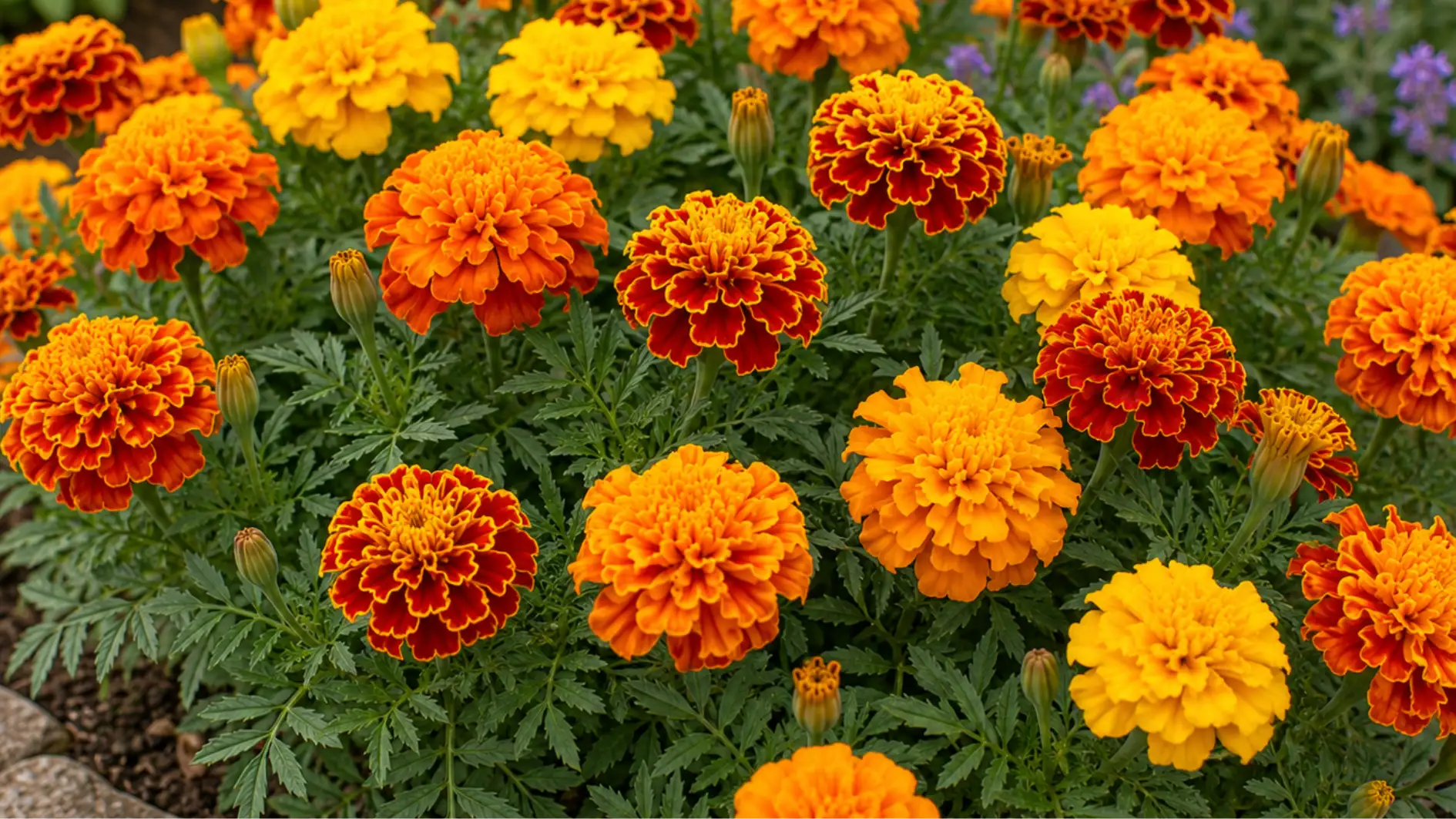 A dense patch of vibrant orange and yellow marigold flowers with deeply cut green foliage borders a stone walkway, with soft purple flowers blurred in the background.