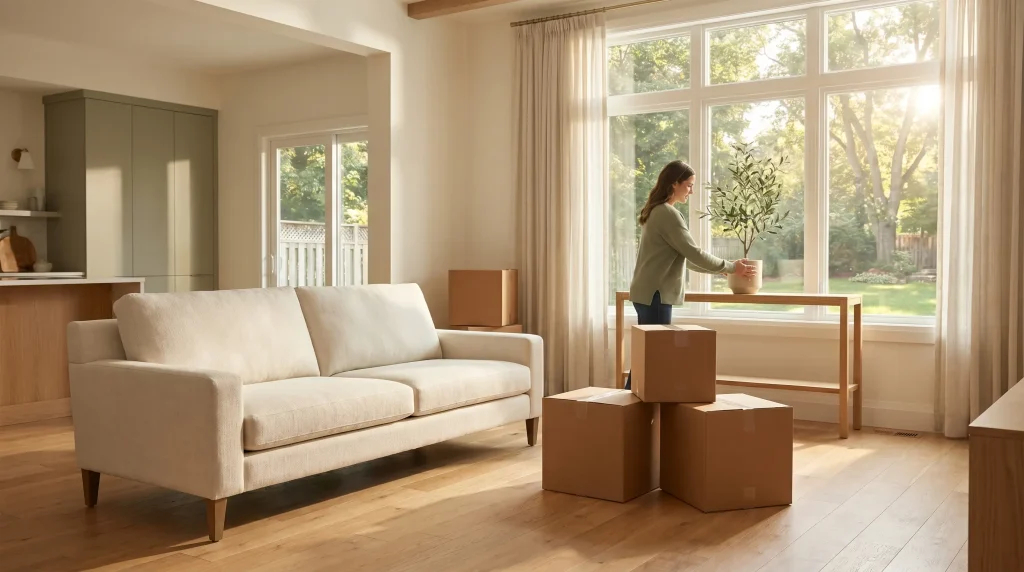 Woman arranging plant on console table in bright living room with moving boxes nearby