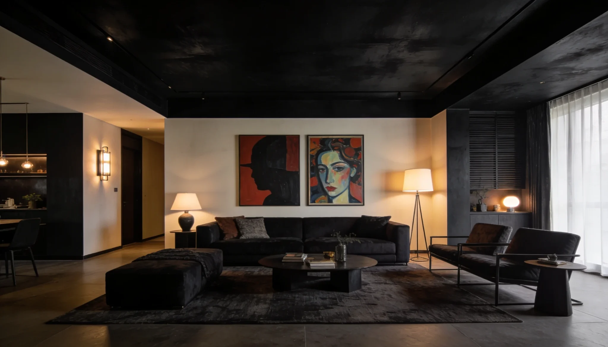 contemporary living room with matte black accent ceiling bold artwork and dramatic lighting