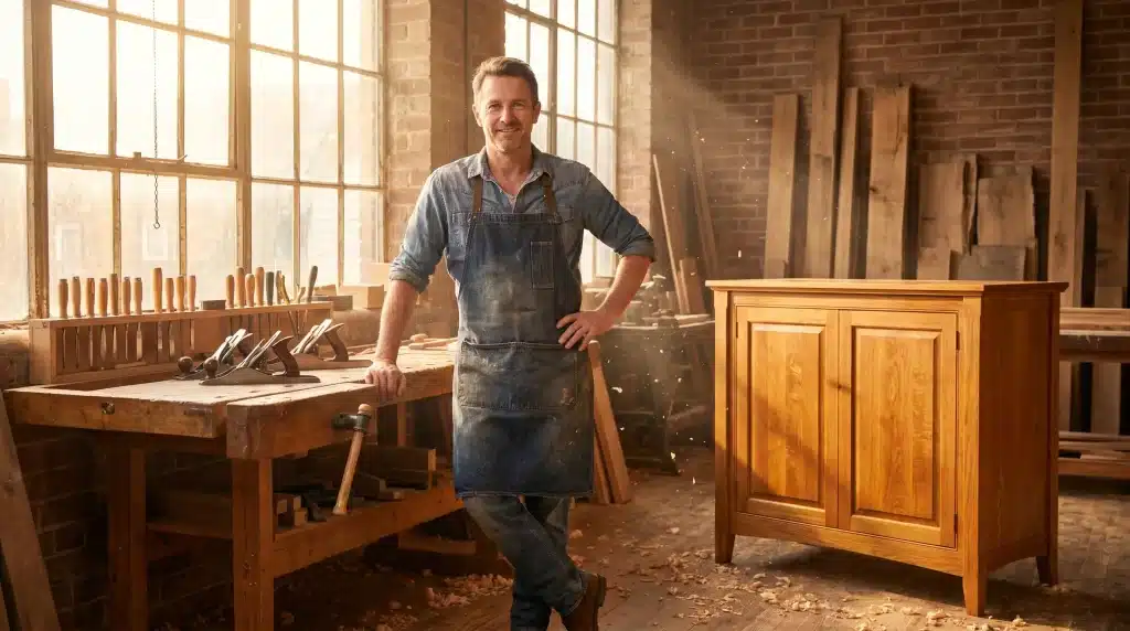 Carpenter in denim apron standing in workshop beside wooden sideboard near tools and workbench
