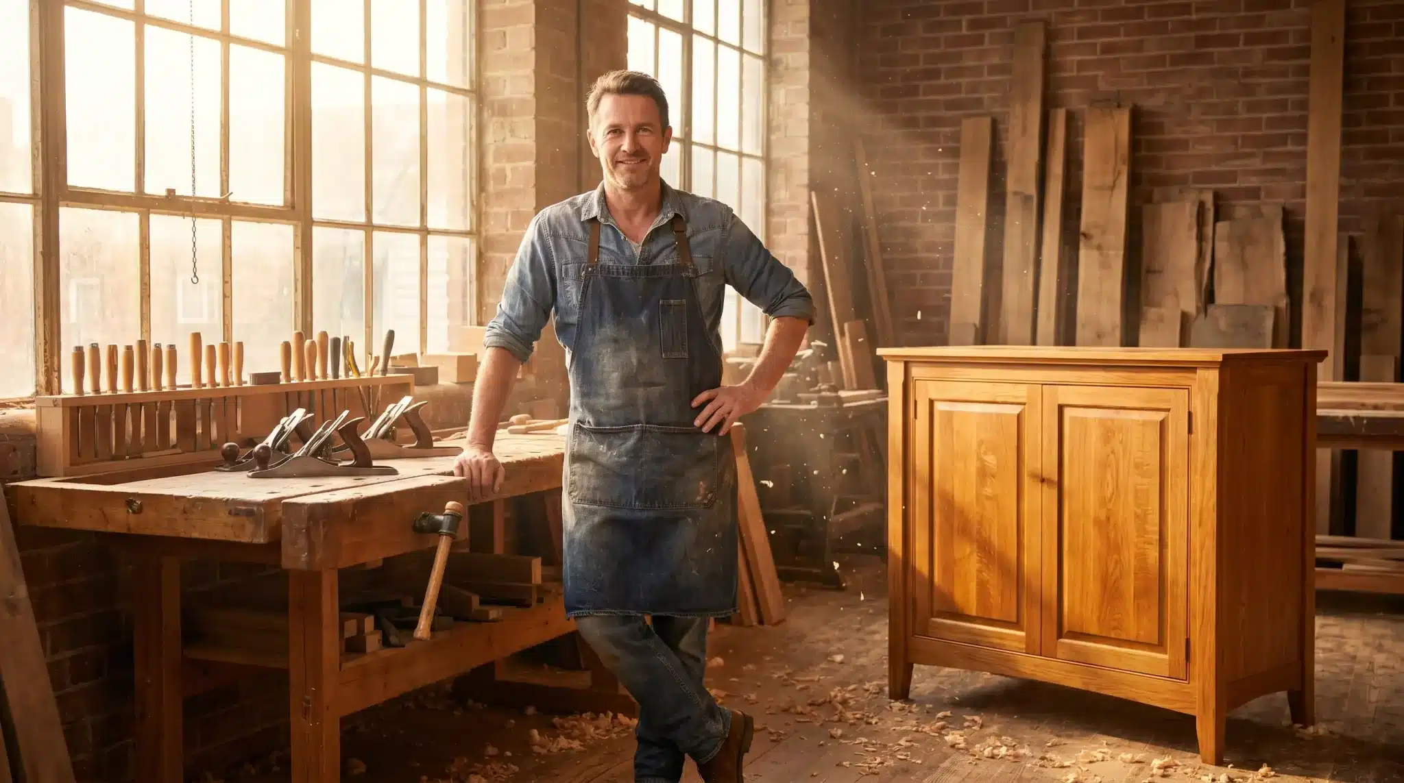 Carpenter in denim apron standing in workshop beside wooden sideboard near tools and workbench