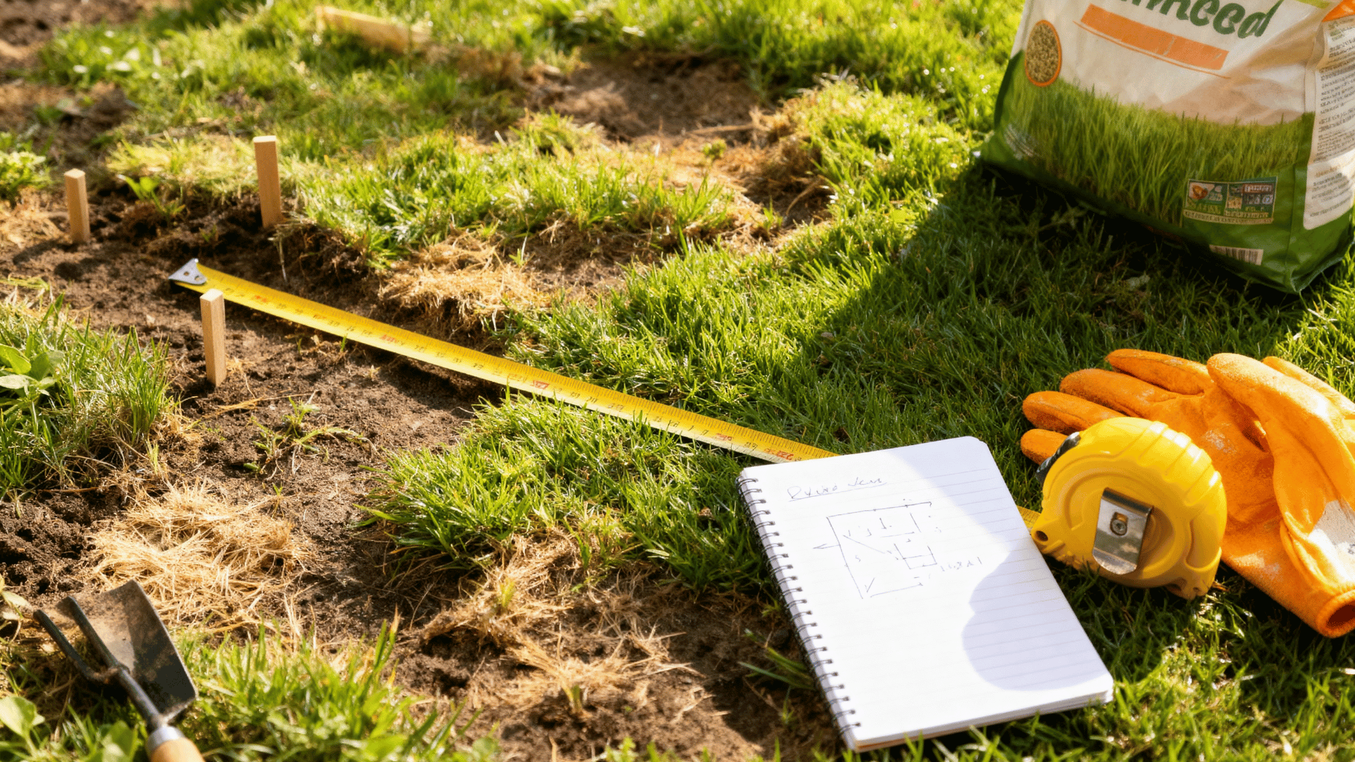 image showing measurement tape measuring the lawn size.