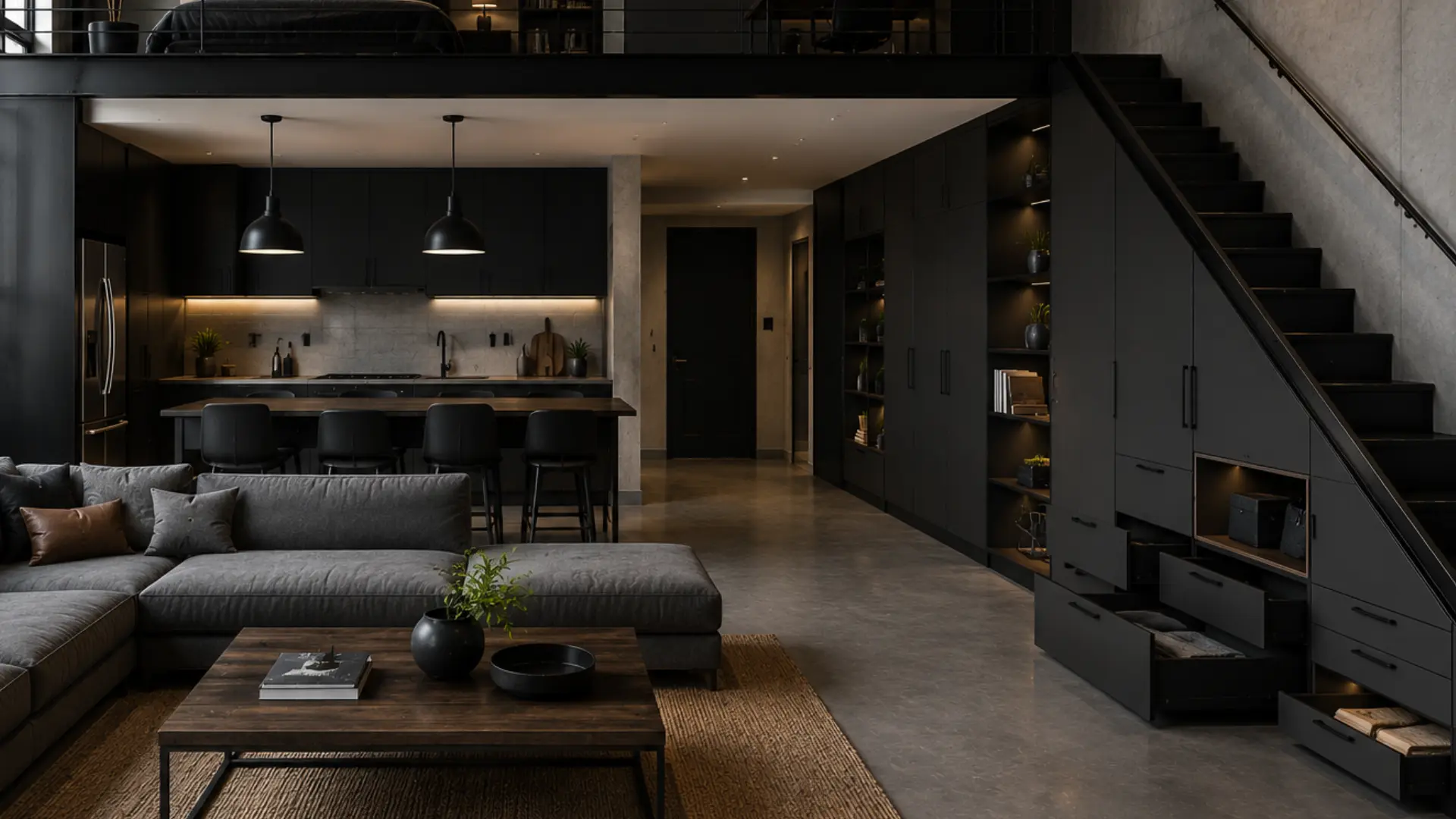 minimalist industrial loft with hidden storage recessed cabinetry built in shelves and under stair drawers