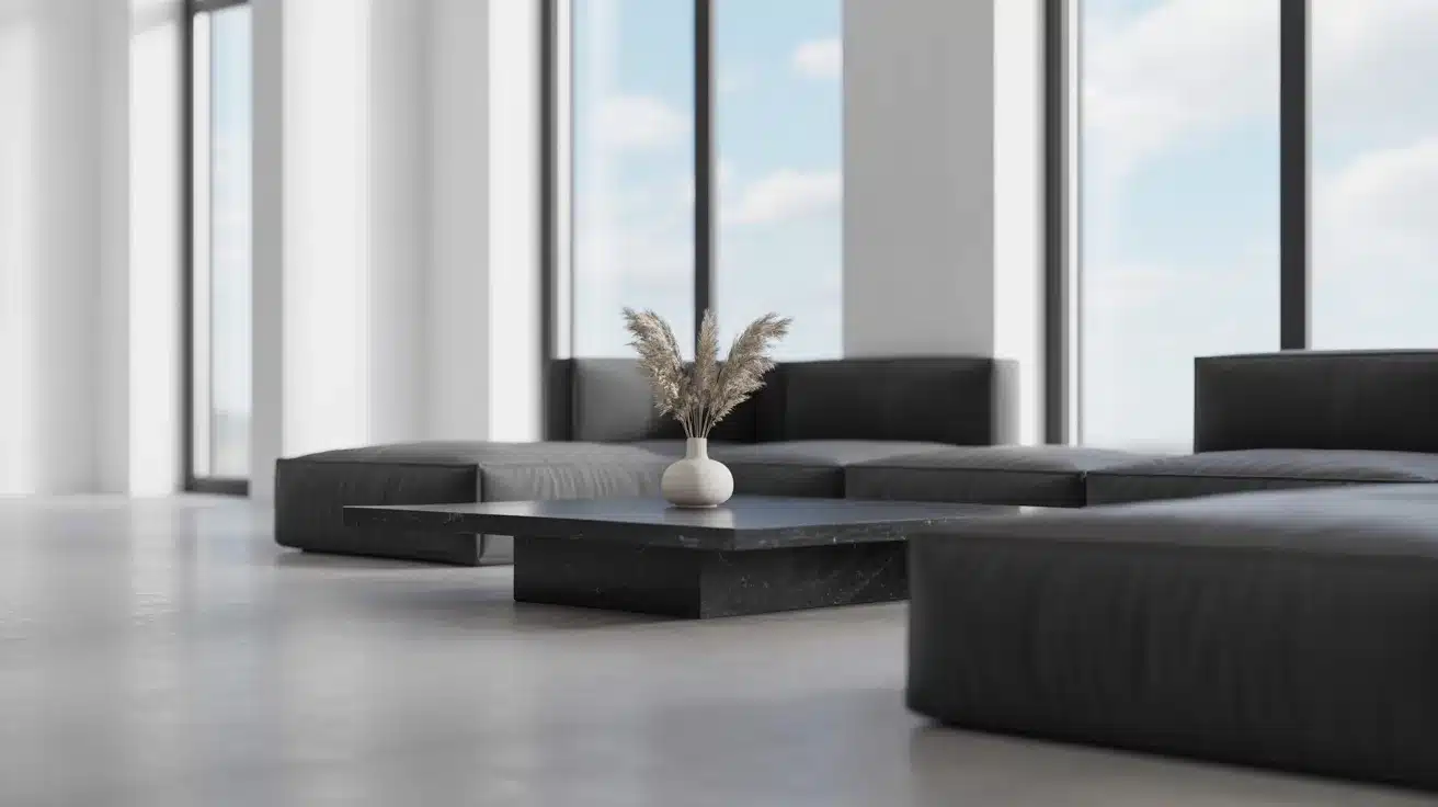 Minimalist living room with black furniture, white walls, large windows, and clean open space filled with soft light.