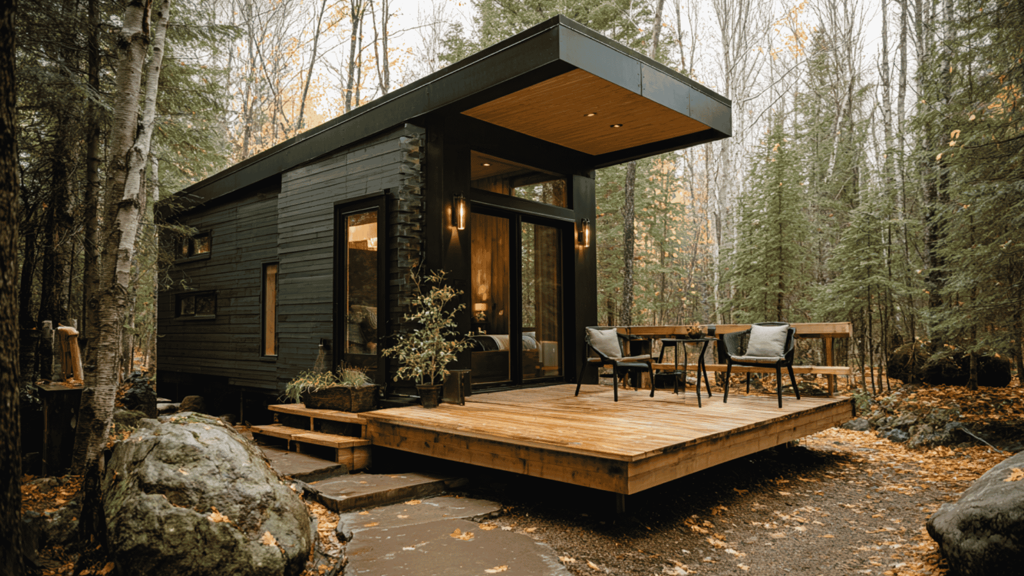 minimalist tiny house with black trim and cabin style exterior