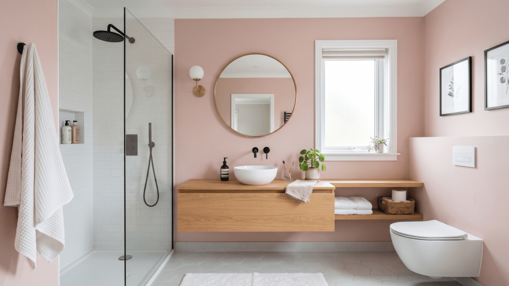 modern bathroom with pink painted walls and clean decor