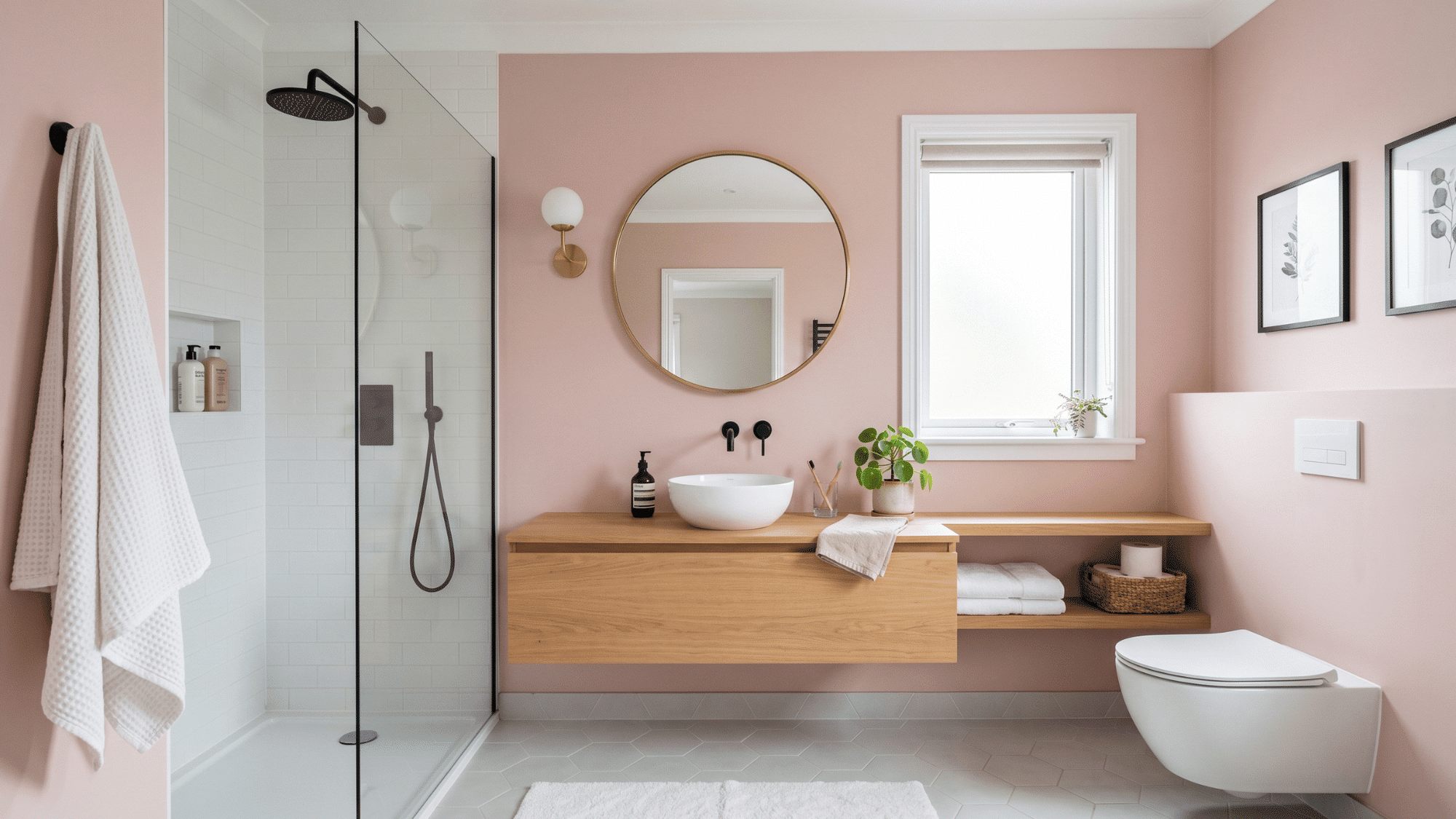 modern bathroom with pink painted walls and clean decor