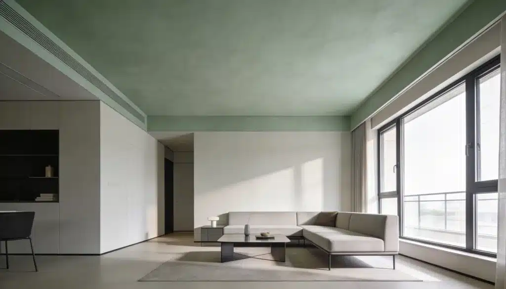 modern living room with stylish ceiling paint color creating a clean and contemporary space