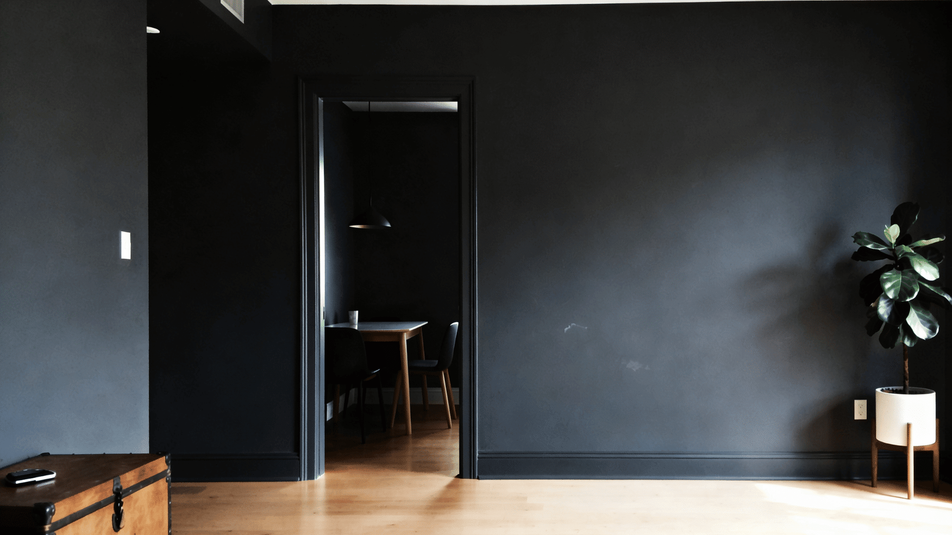 minimalist apartment with charcoal gray walls and trim creating a clean and modern appearance