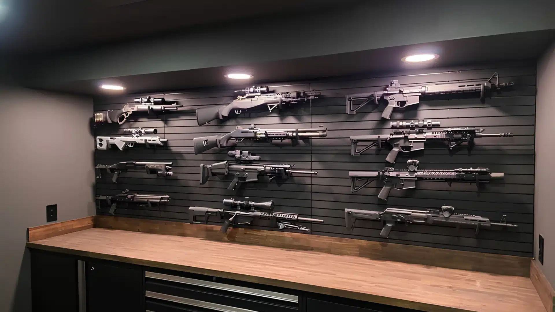 A collection of tactical rifles and shotguns displayed vertically on a black slatwall storage system