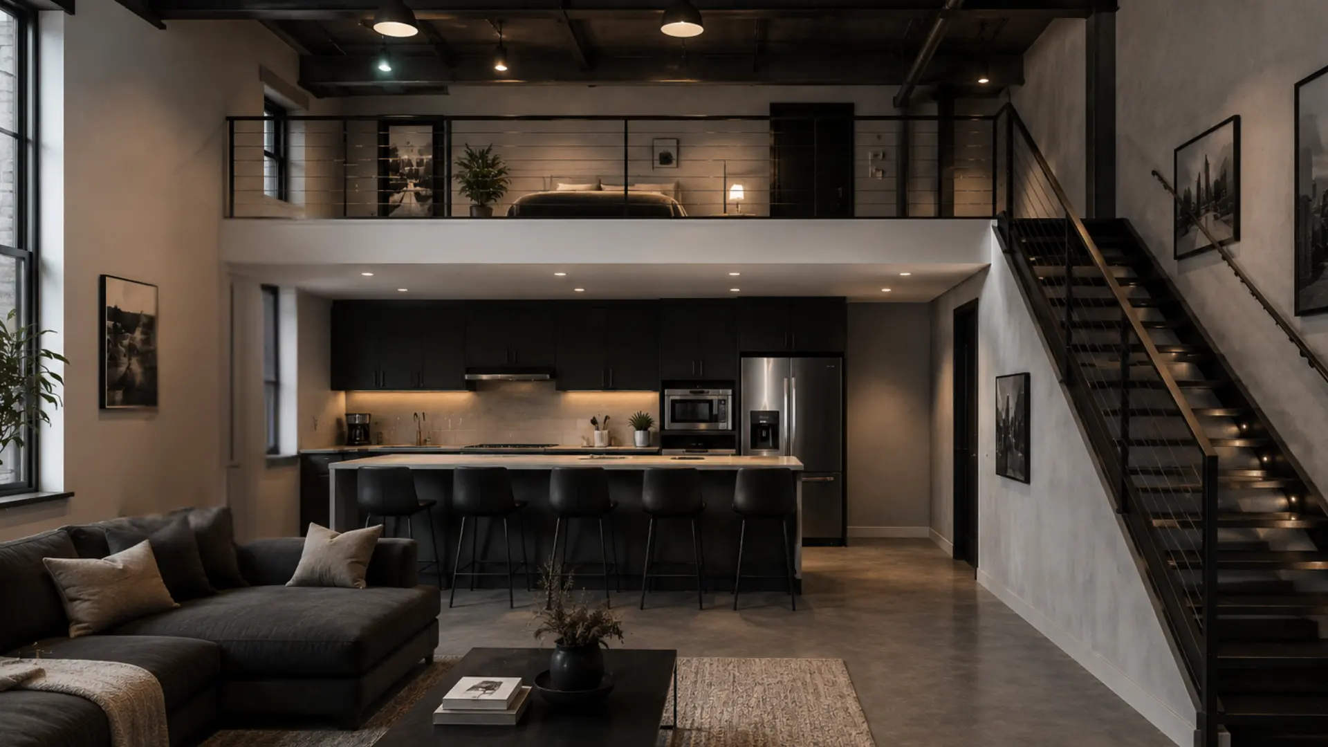 monochrome concrete studio loft with charcoal walls black accents warm lighting and minimalist industrial decor