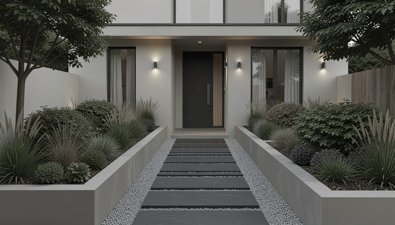 Modern home entrance featuring a walkway of dark rectangular pavers bordered by light gravel and structured concrete planters
