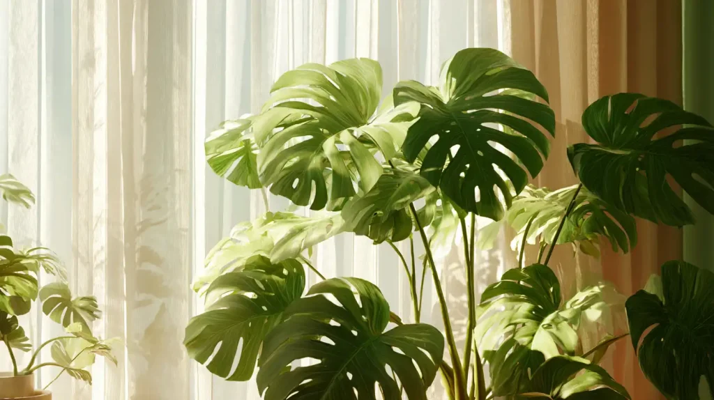 Lush green Monstera deliciosa leaves backlit by soft light filtering through sheer, pale curtains.