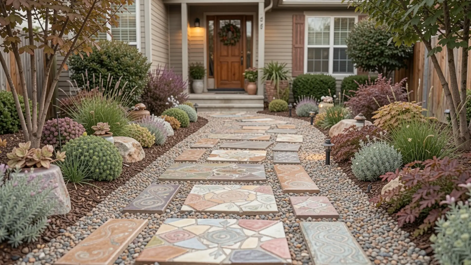 A vibrant garden pathway leads to a wooden front door, bordered by patterned stone tiles and lush plants